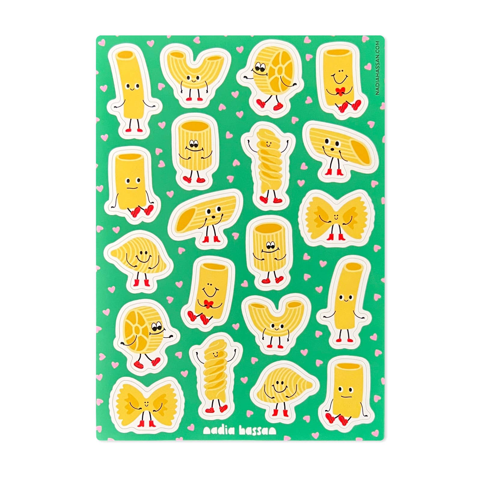 Sheet of colorful pasta-shaped stickers with smiling faces on a green background.