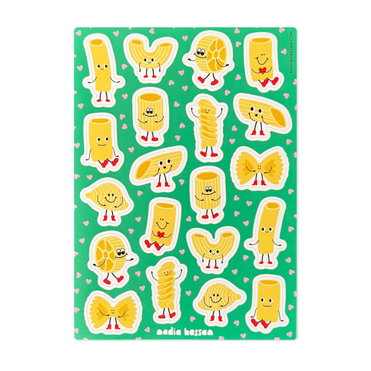 Sheet of colorful pasta-shaped stickers with smiling faces on a green background.