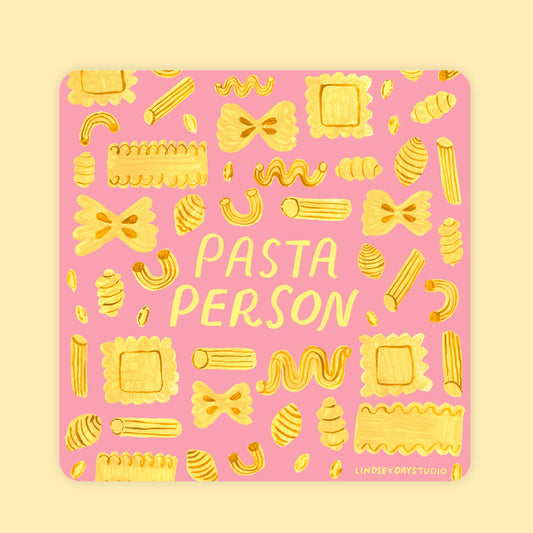 A square pink sticker with rounded corners featuring a gold hand-drawn pasta pattern and the words 'PASTA PERSON' in gold. Small text at the bottom right reads 'LINDSEY DAY STUDIO'.