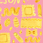 A repeating pattern of hand-painted yellow pasta shapes on a solid pink background, including penne, fusilli, rotini, and ravioli motifs.