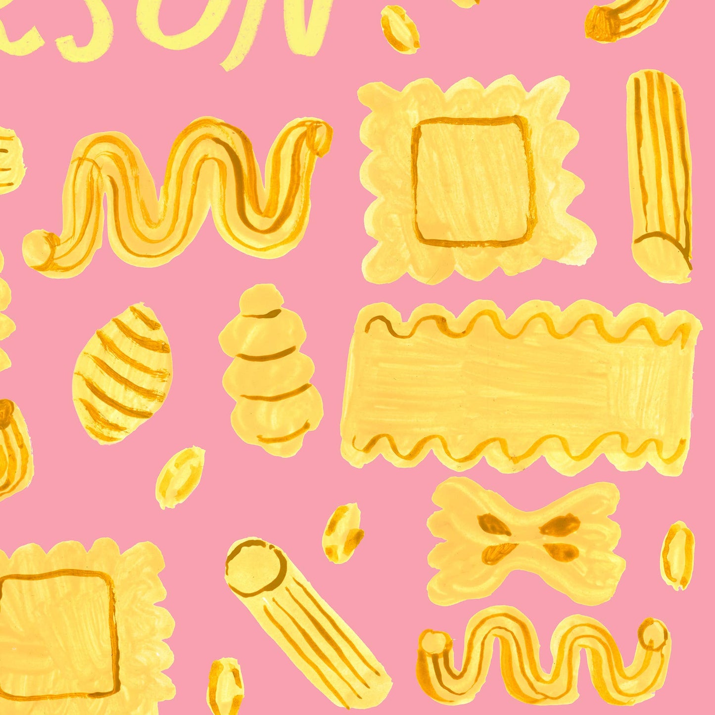 A repeating pattern of hand-painted yellow pasta shapes on a solid pink background, including penne, fusilli, rotini, and ravioli motifs.