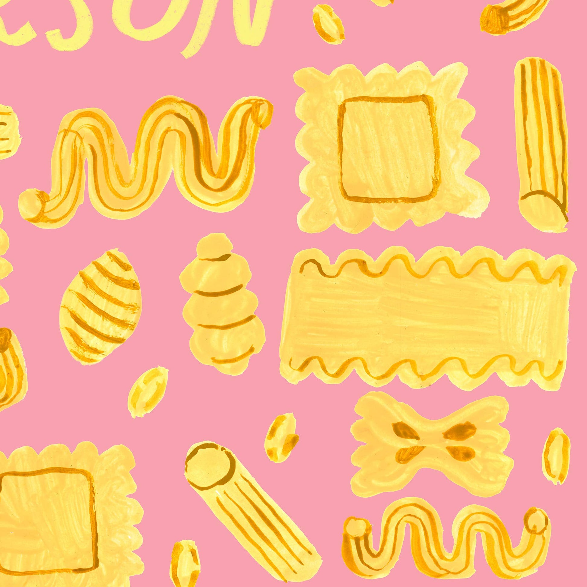 A repeating pattern of hand-painted yellow pasta shapes on a solid pink background, including penne, fusilli, rotini, and ravioli motifs.