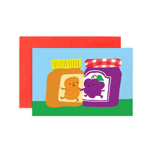 Illustration of a peanut butter jar and a jelly jar holding hands on a colorful background