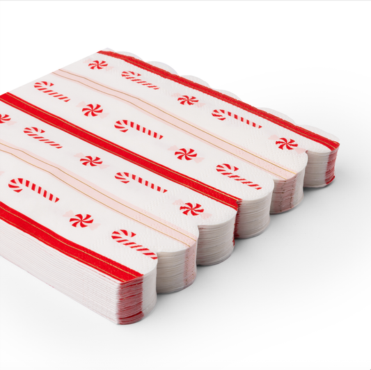 Decorative paper napkins with candy cane and peppermint pattern on a white background