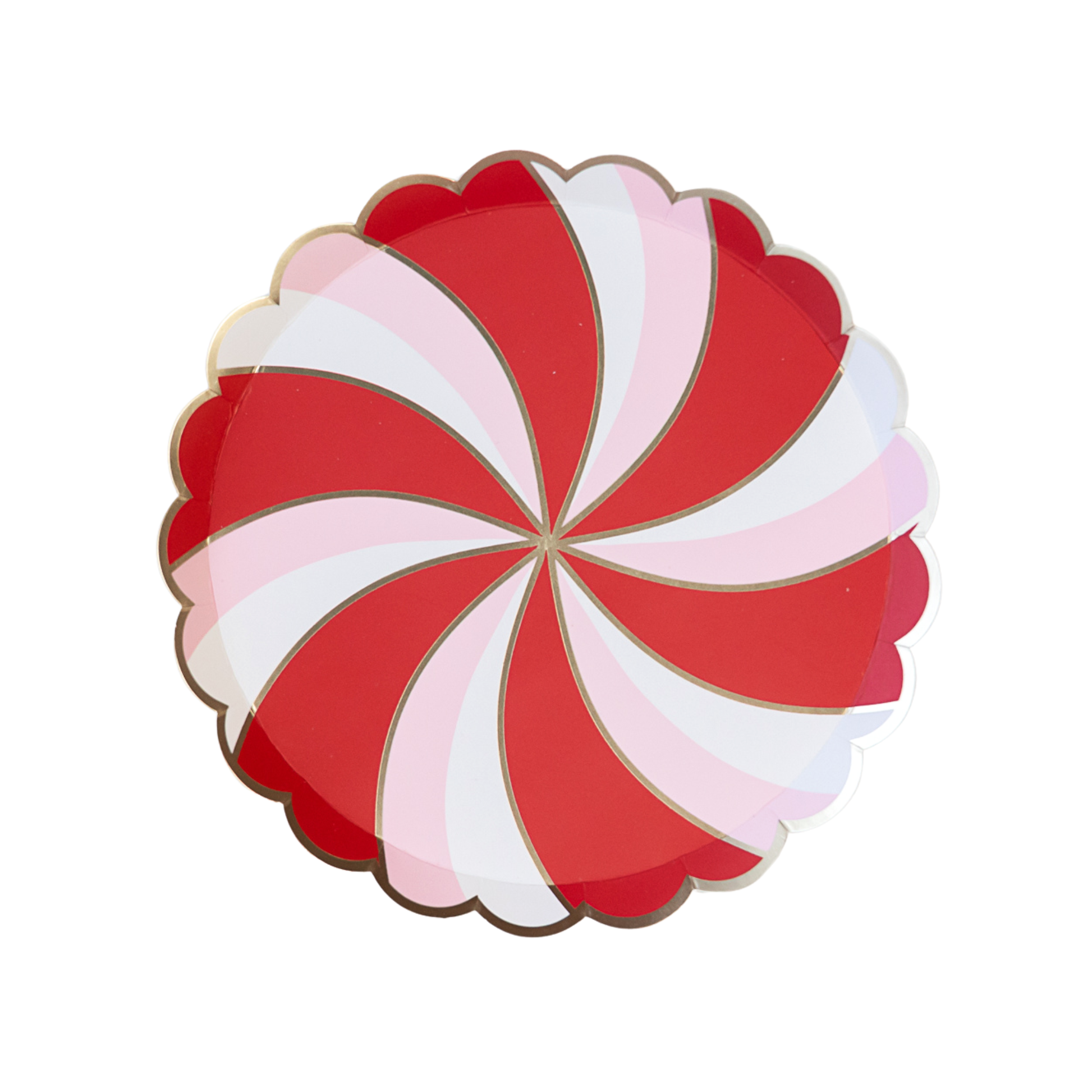 Red and white swirled peppermint candy paper plate on a white background