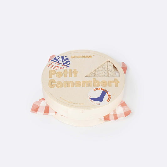 Camembert socks packaged in round, wooden container