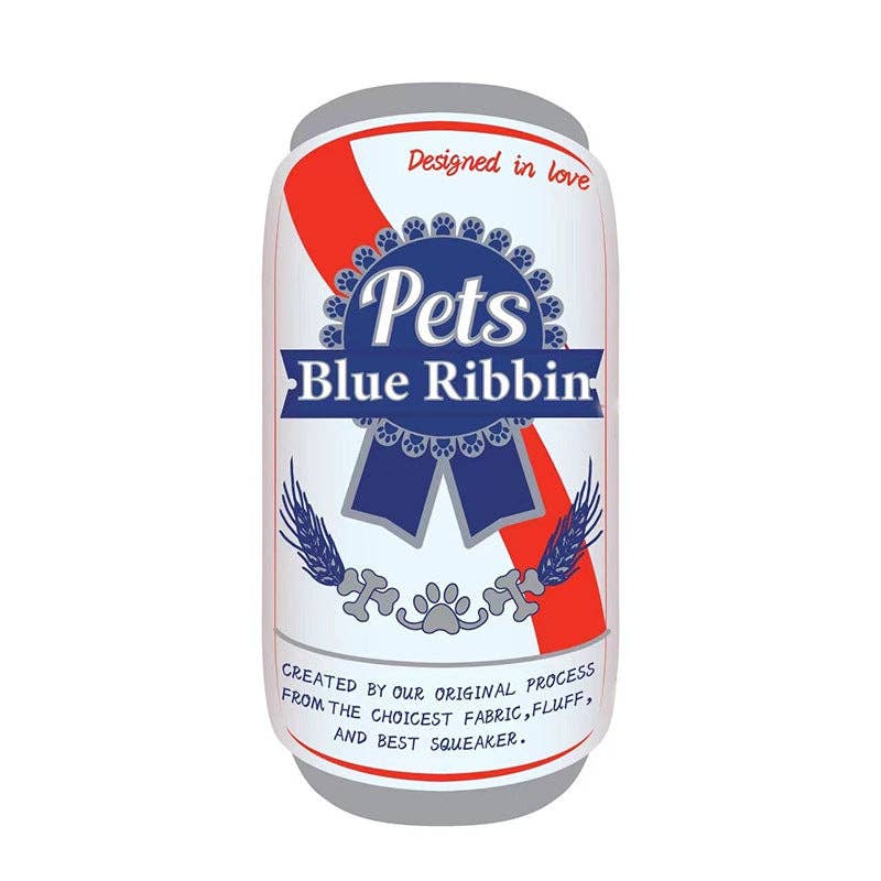 beer can shaped dog toy, made to look like a Pabst Blue Ribbon beer can, but instead it says "Pets Blue Ribbin" 