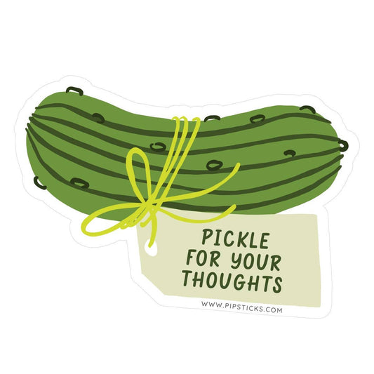 Illustration of a pickle with a string and a tag saying 'Pickle for your thoughts' on a white background.