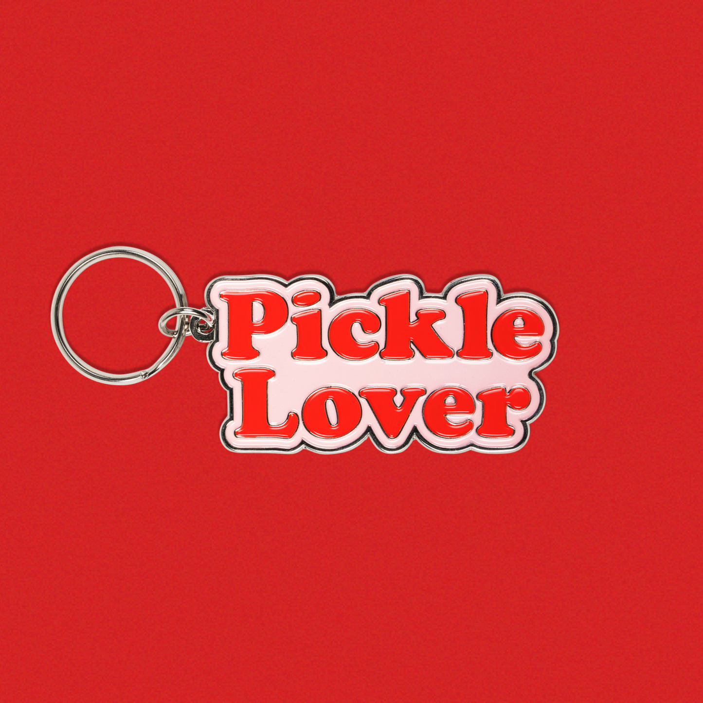 Keychain with 'Pickle Lover' text on a red background