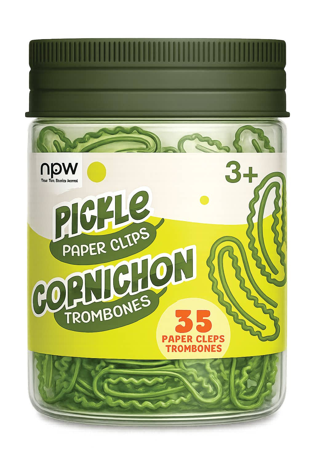 Jar of green pickle-shaped paper clips with a green lid on a white background