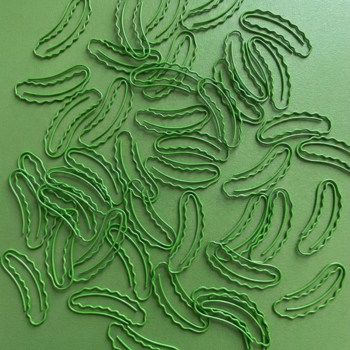 Green pickle shaped paper clips on a  green background