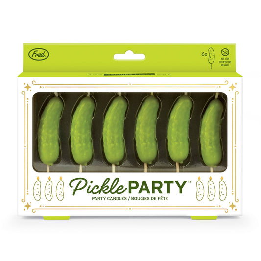 set of 6 birthday candles each shaped like a dill pickle in box packaging 