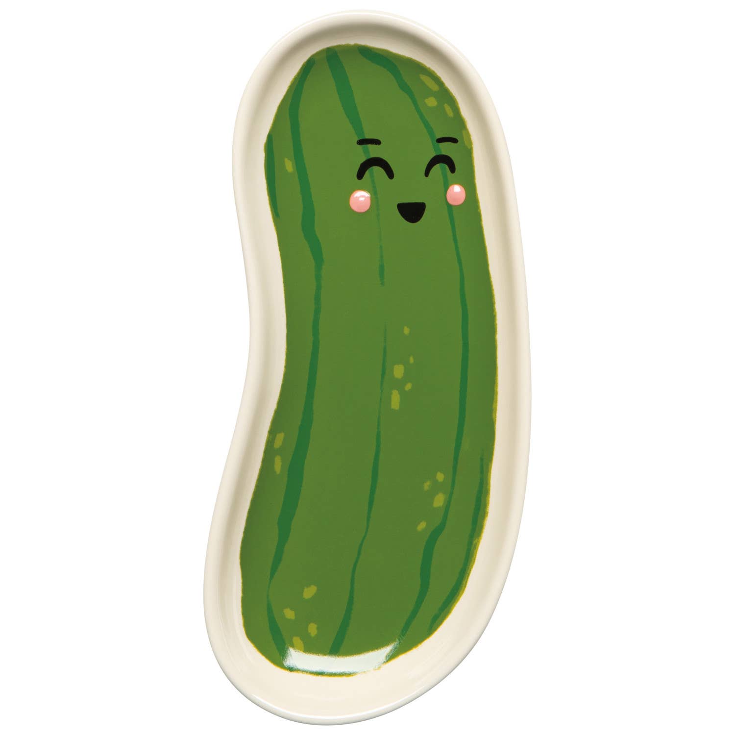 Green pickle tray/platter with a smiling face on a white background