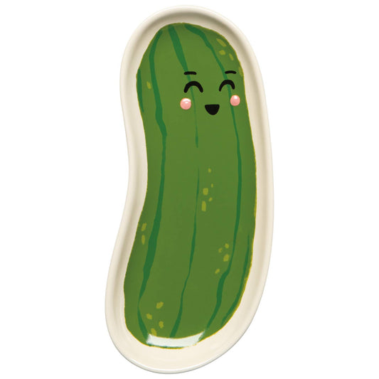 Green pickle tray/platter with a smiling face on a white background