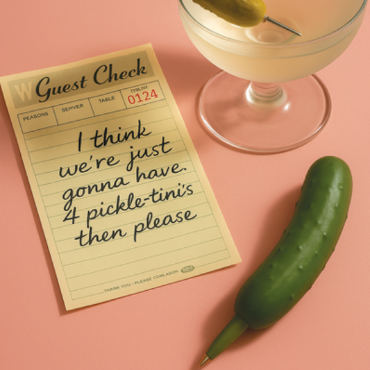 Note with humorous text next to a cocktail and pickle pen on a pink background