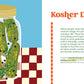 Illustration of a jar of pickles with text about kosher dills on a checkered background