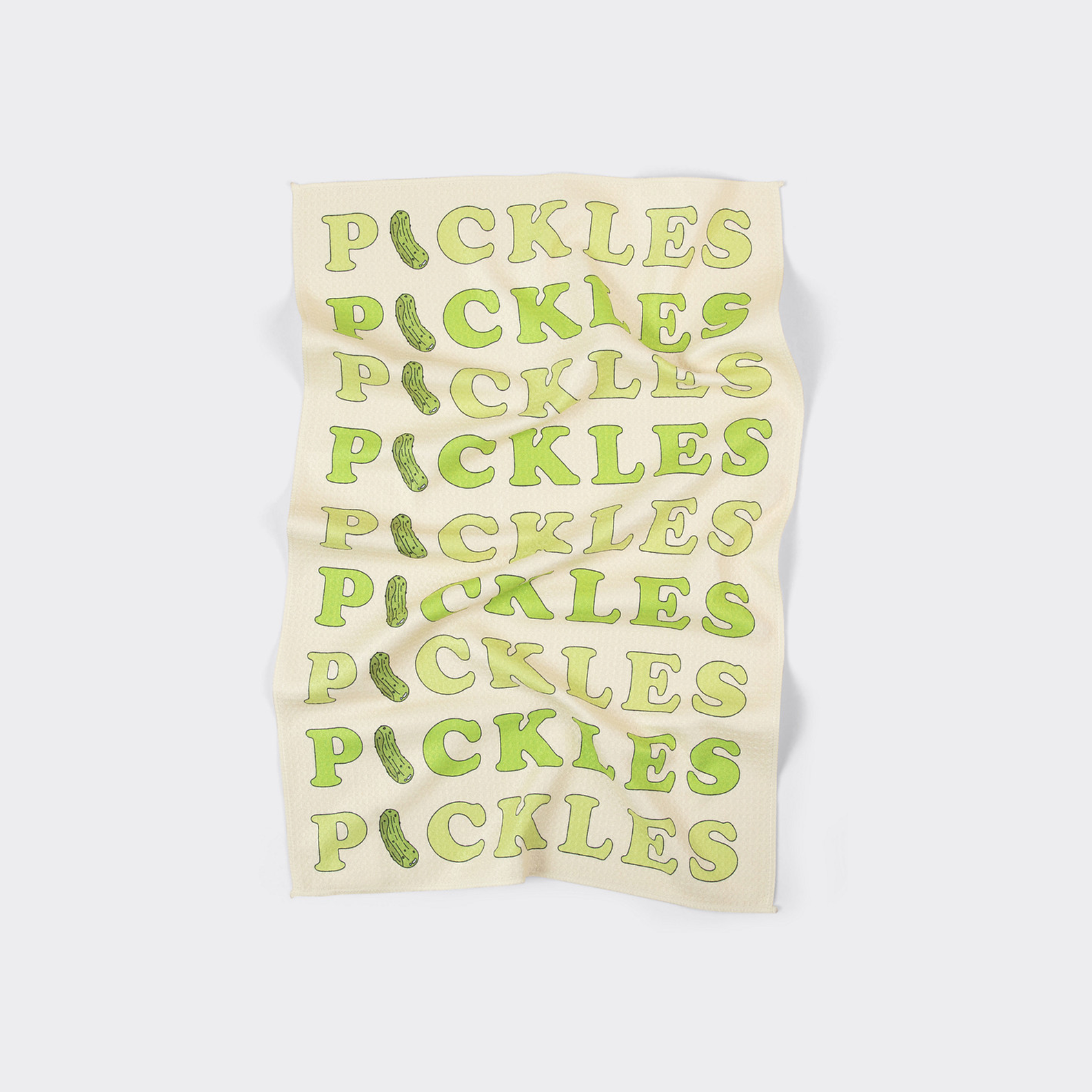 Kitchen towel with 'Pickles' text printed repeatedly on a white background