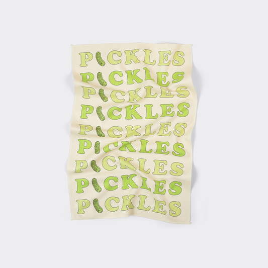 Kitchen towel with 'Pickles' text printed repeatedly on a white background
