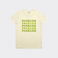 Beige t-shirt with 'Pickles' text in green on a white background