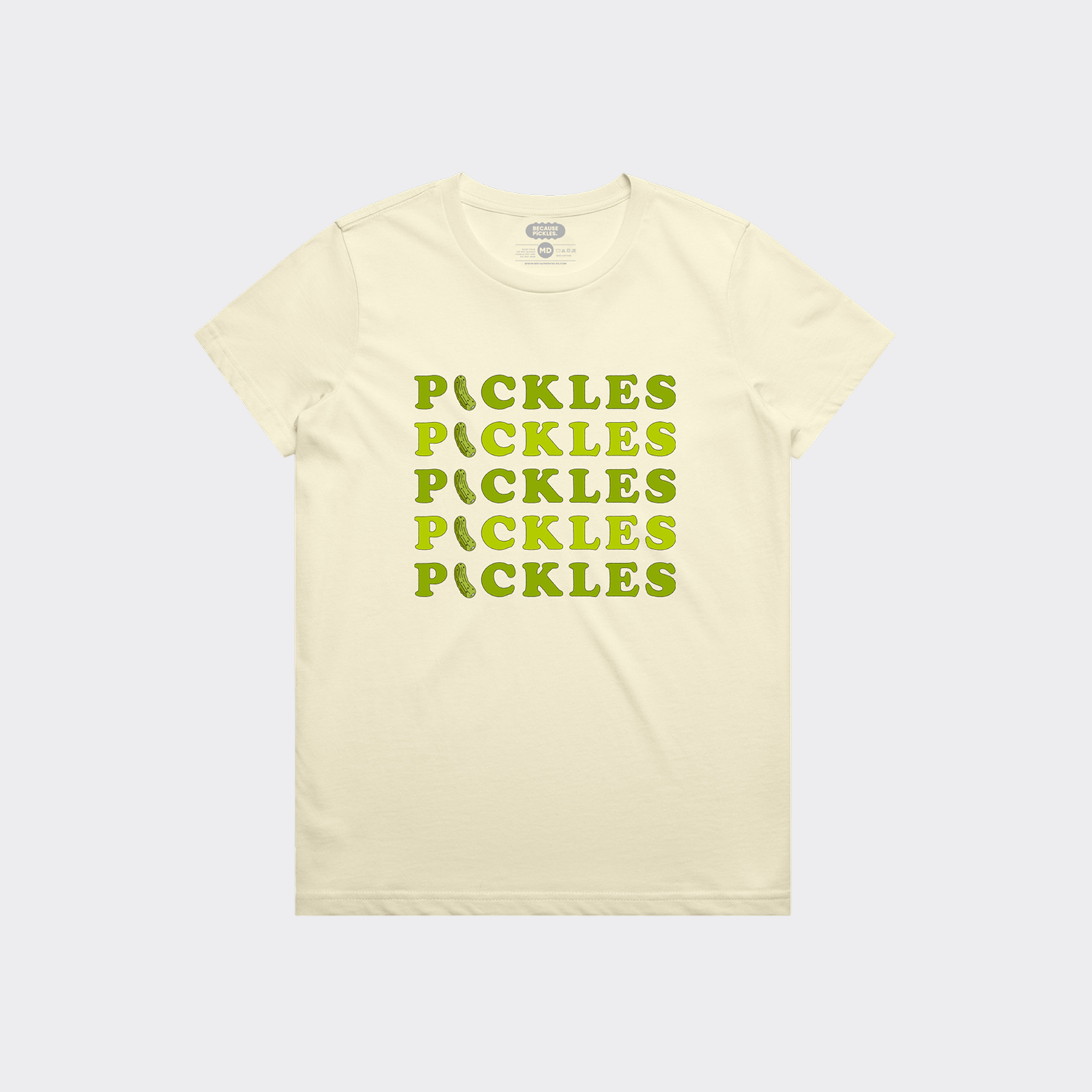 Beige t-shirt with 'Pickles' text in green on a white background