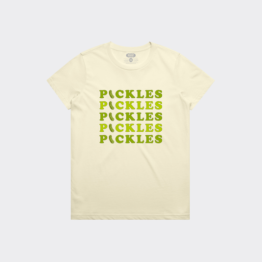 Beige t-shirt with 'Pickles' text in green on a white background