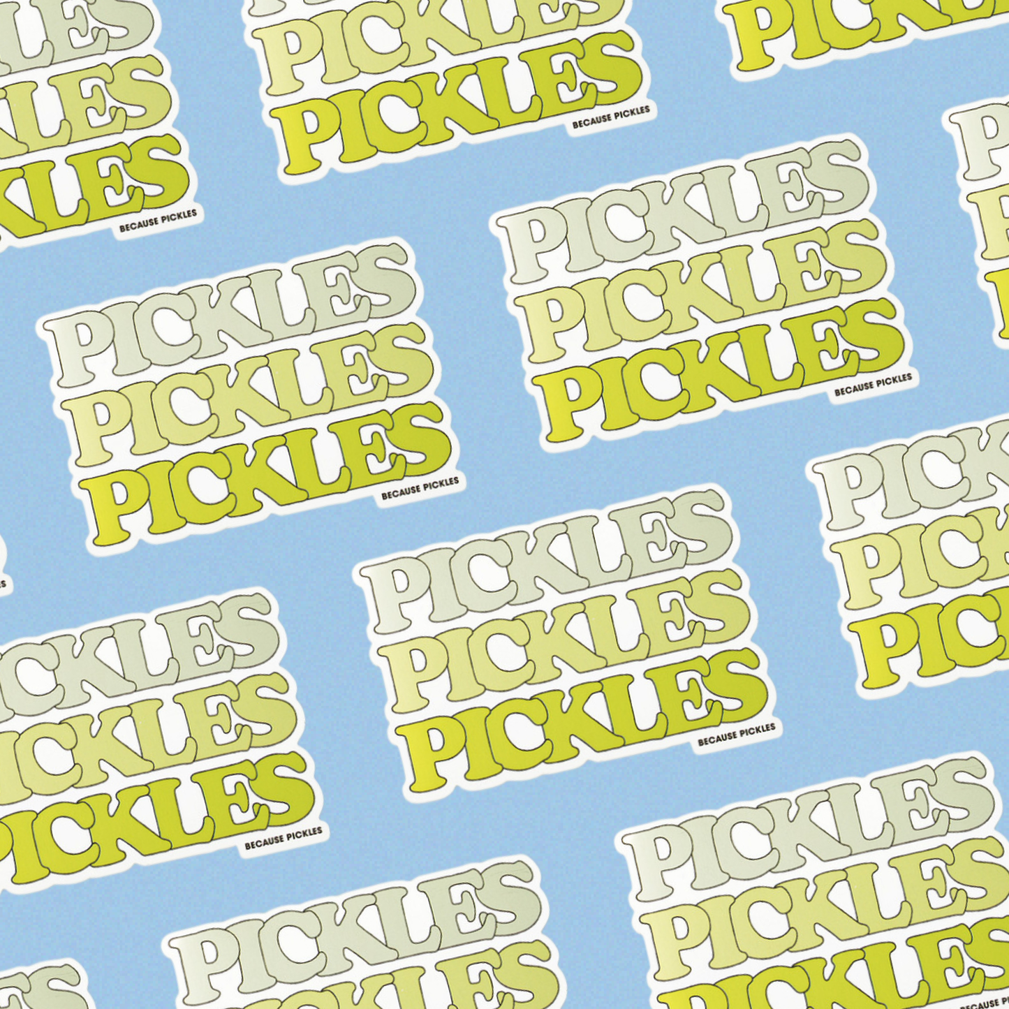 Pattern of 'Pickles' text in different colors on a blue background