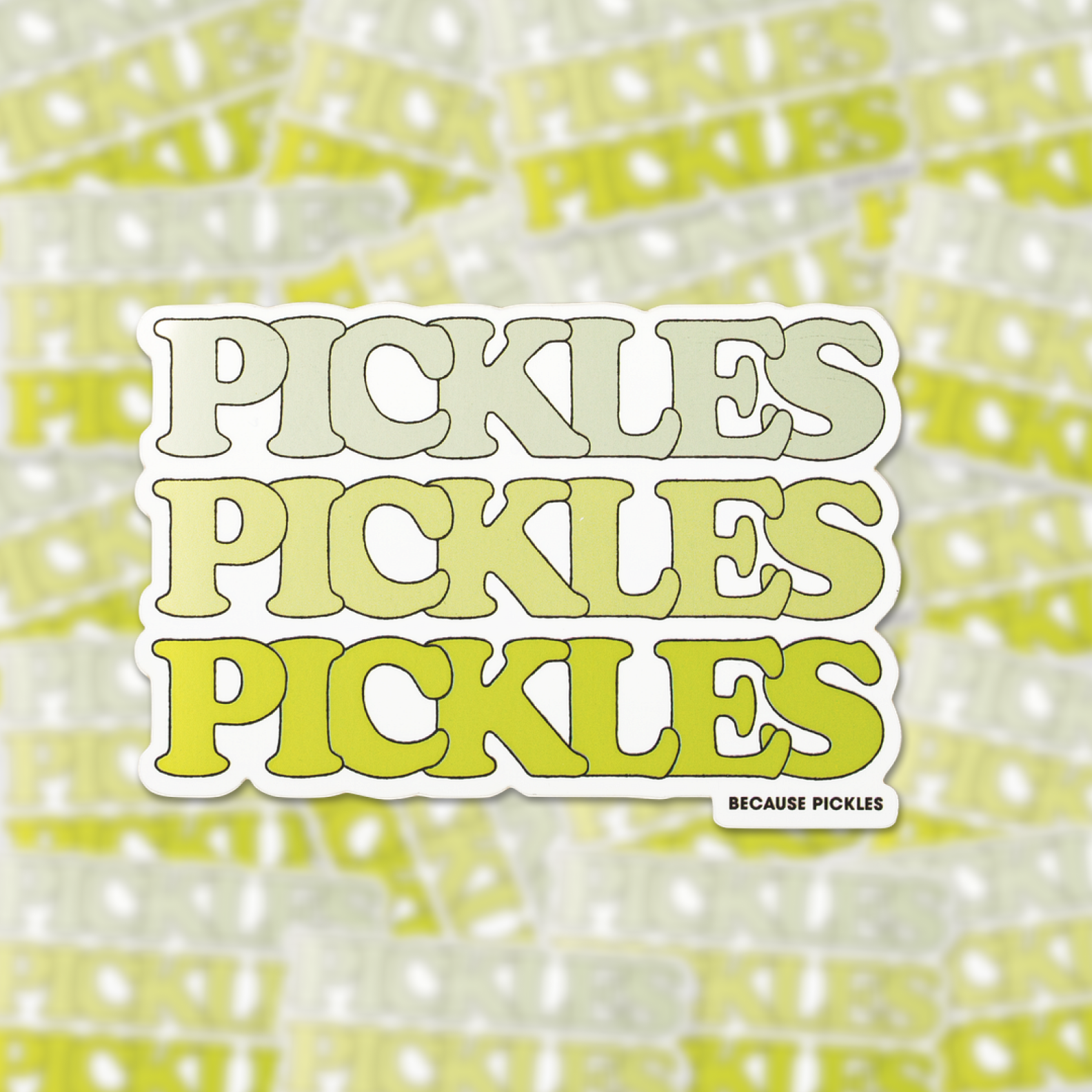 Sticker with 'Pickles Pickles Pickles' text on a patterned background