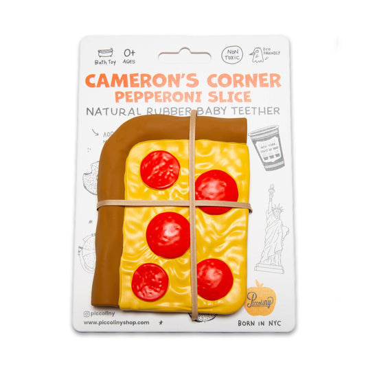 Package of Cameron's Corner pepperoni slice natural rubber baby teether on a white background