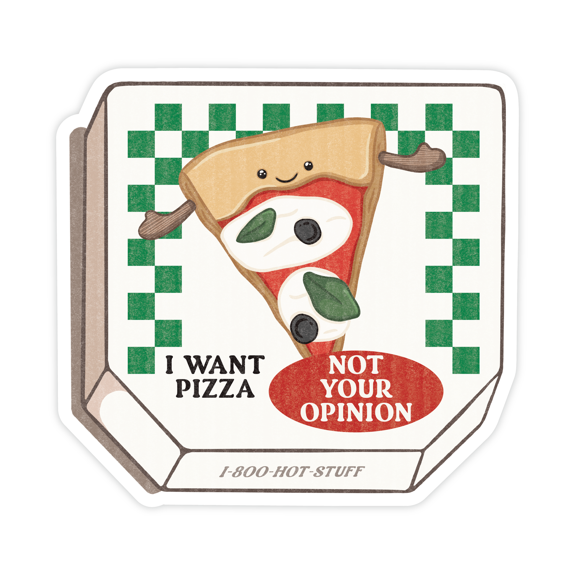 Cartoon pizza slice with text on a checkered background