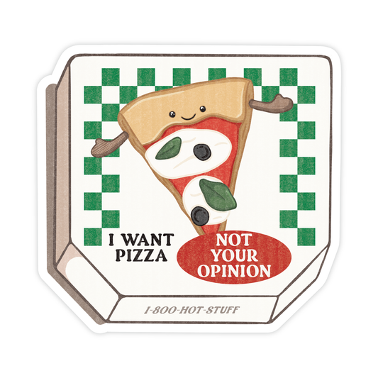 Cartoon pizza slice with text on a checkered background