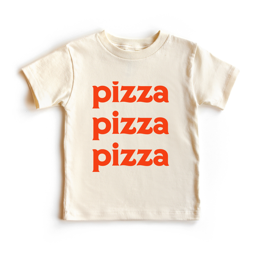 Kids size t-shirt; cream/white colored with red orange text that reads "pizza pizza pizza" 
