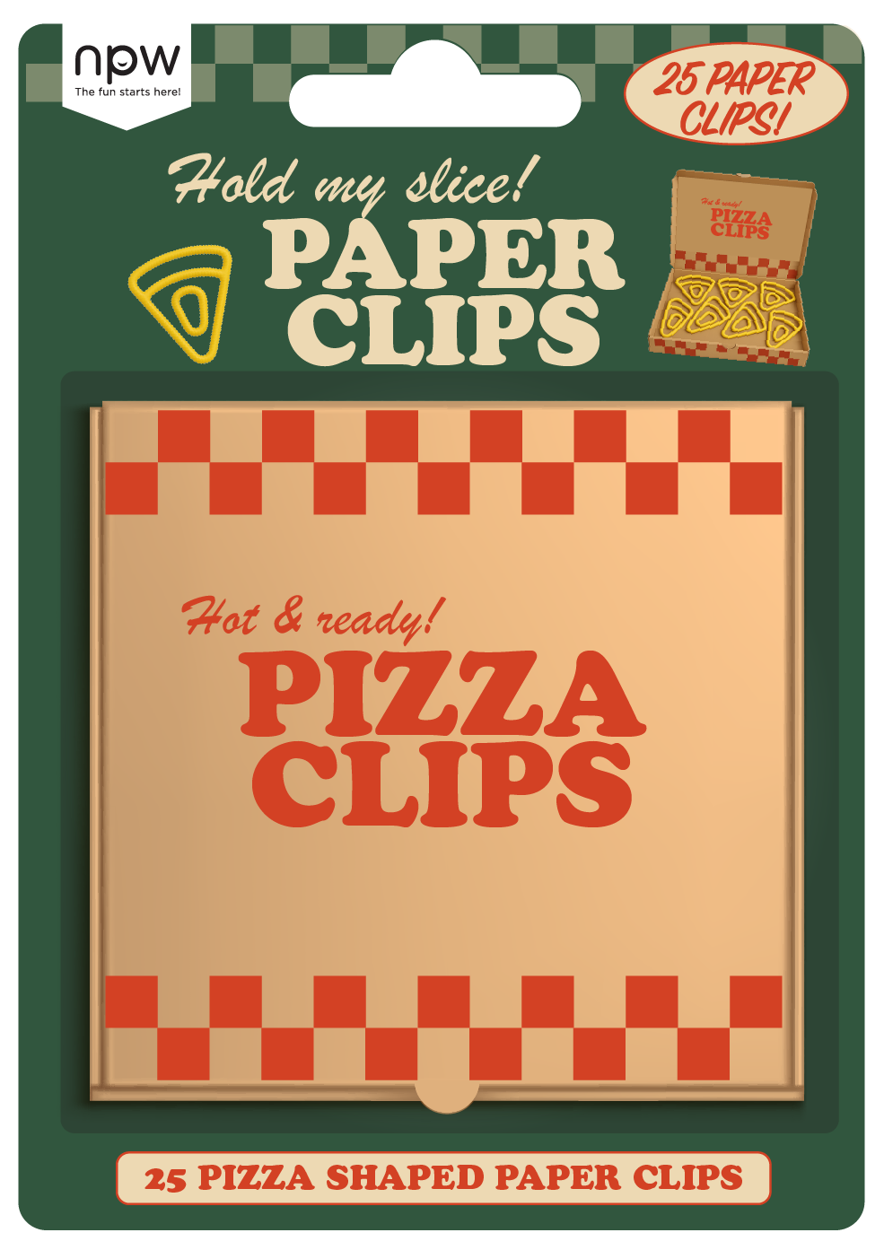 Packaging of pizza-shaped paper clips with a checkered design and 'Hold my slice!' text.