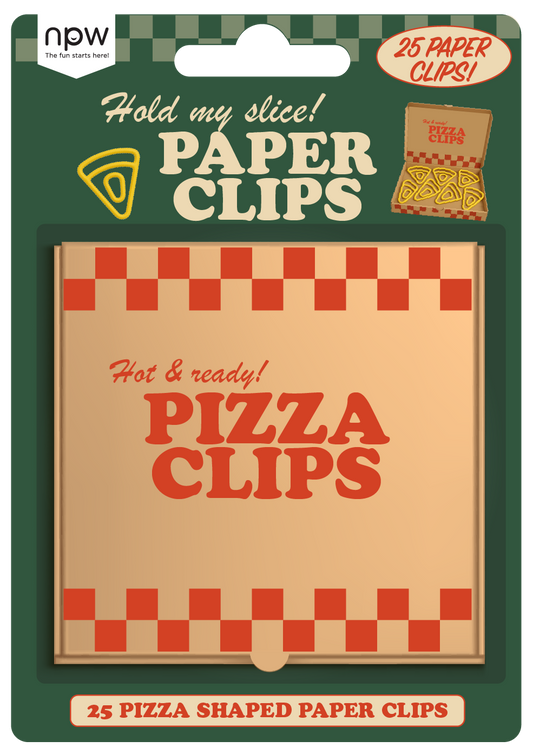 Packaging of pizza-shaped paper clips with a checkered design and 'Hold my slice!' text.