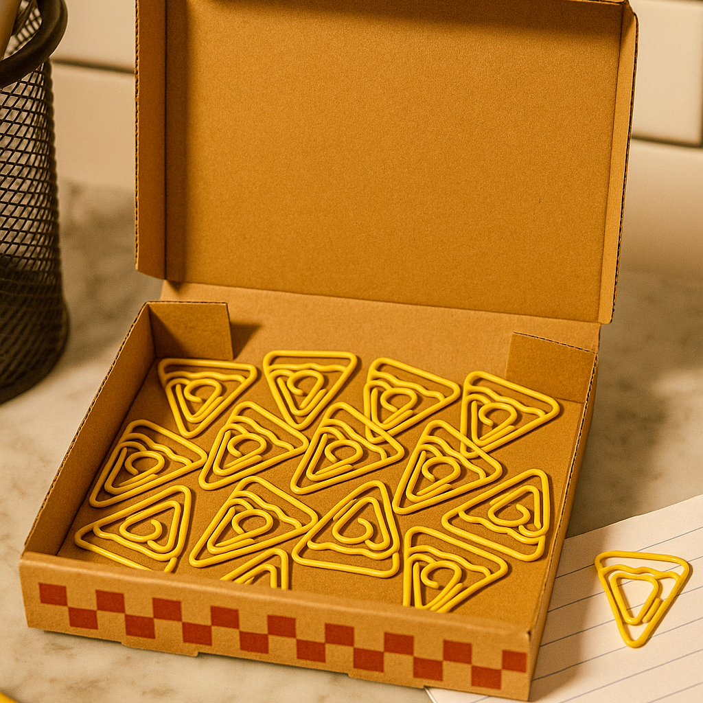 Box of yellow triangle-shaped paper clips on a checkered surface with a pen and notebook.