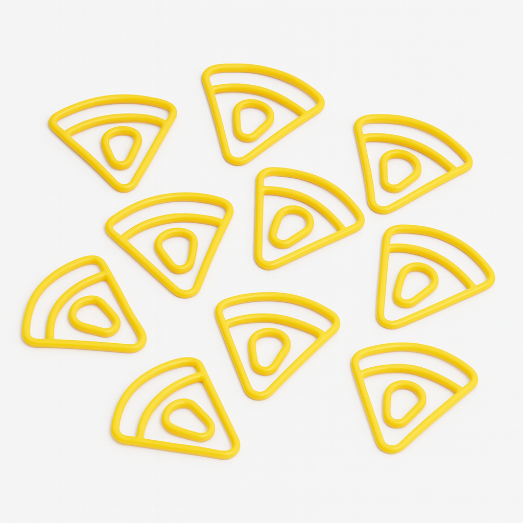 Yellow triangle-shaped paper clips arranged in a circular pattern on a white background