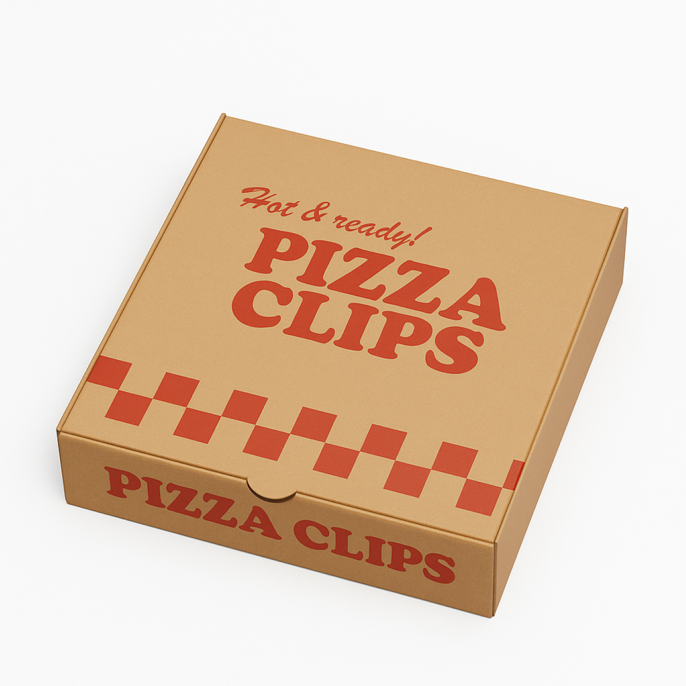 Cardboard box with 'Pizza Clips' branding on a white background