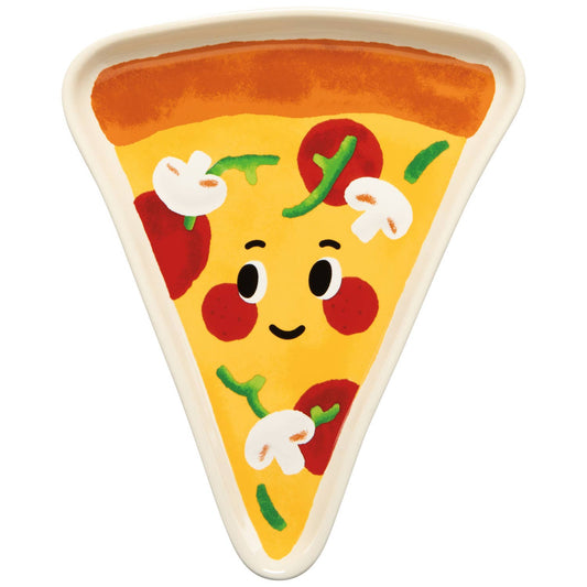 pizza slice shaped plate with a face on a white background
