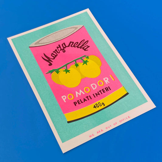 Illustration of a can labeled 'Marzanella Pomodori' on a blue background