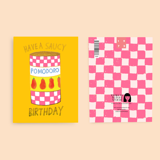 Two sides of the pomodoro greeting card -- one with a yellow card featuring a tomato can illustration and  the other with a pink and white checkered card with text.
