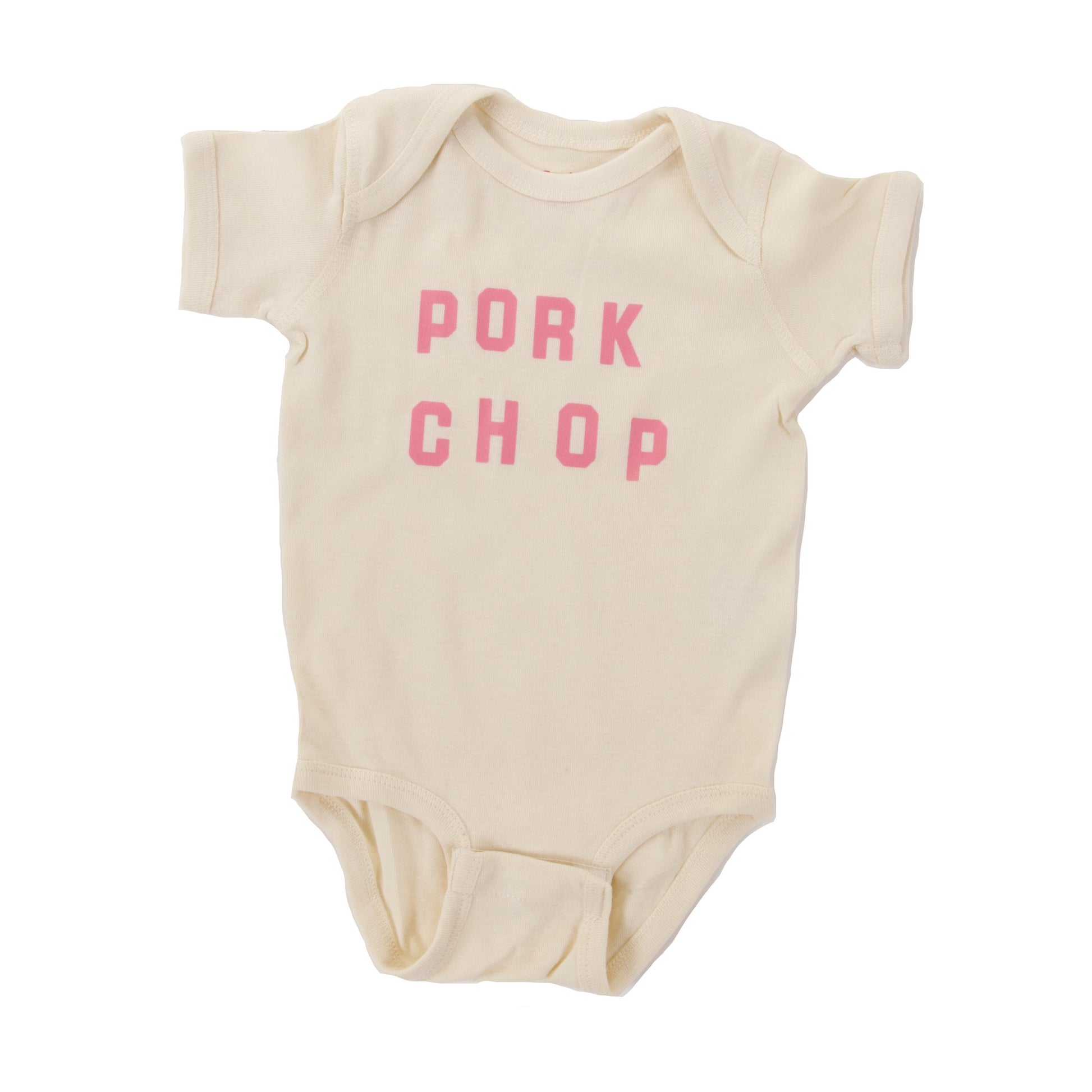 Baby onesie that reads "Pork Chop" in pink. Comes in 3 sizes - 6m, 12m and 18m