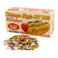 jigsaw puzzle of a Portillo's chicago style hot dog. image of box and a pile of puzzle pieces
