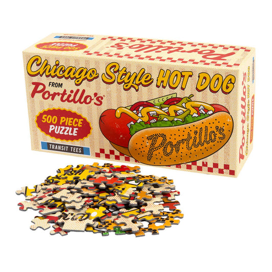 jigsaw puzzle of a Portillo's chicago style hot dog. image of box and a pile of puzzle pieces