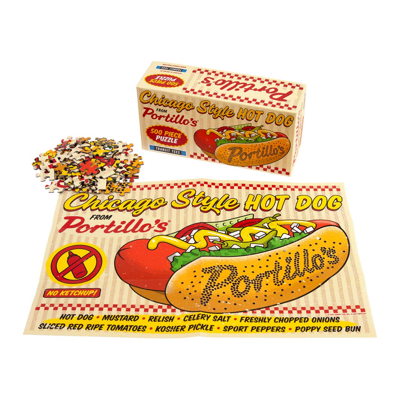 Portillo's hot dog puzzle pieces, box and poster of finished product 