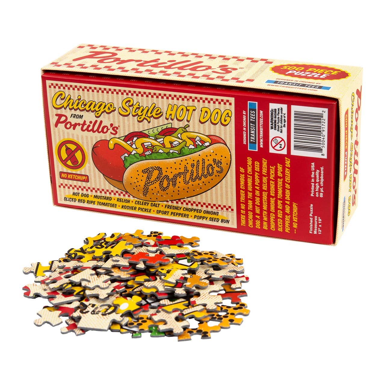 Puzzle with Portillo's Chicago Style Hot Dog packaging on a white background