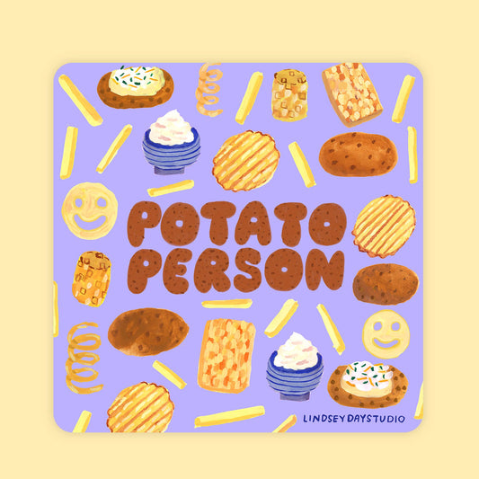 Square sticker with 'Potato Person' text in center and illustrations of different potato dishes and fries all around it on a purple background.
