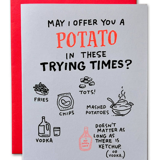 Card with humorous potato-themed text and illustrations on a gray background with red envelope.