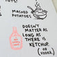 Cartoon-style illustration with text about potatoes, mashed potatoes, ketchup, and vodka on a white background.