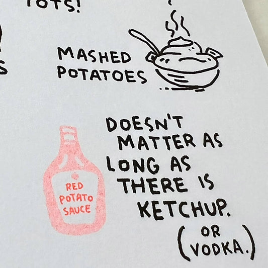 Cartoon-style illustration with text about potatoes, mashed potatoes, ketchup, and vodka on a white background.