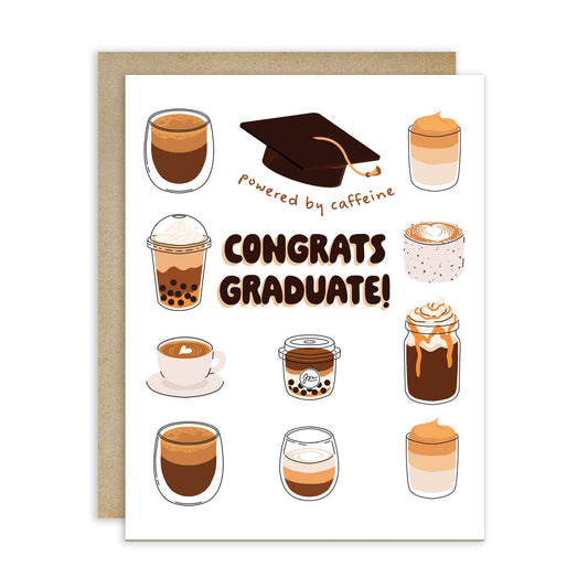Greeting card with illustrations of various caffeinated drinks and 'Congrats Graduate!' text on a white background