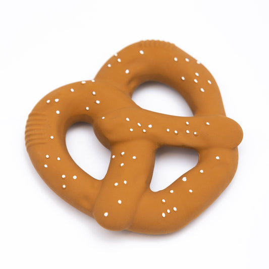 brown pretzel-shaped baby teether on a white background